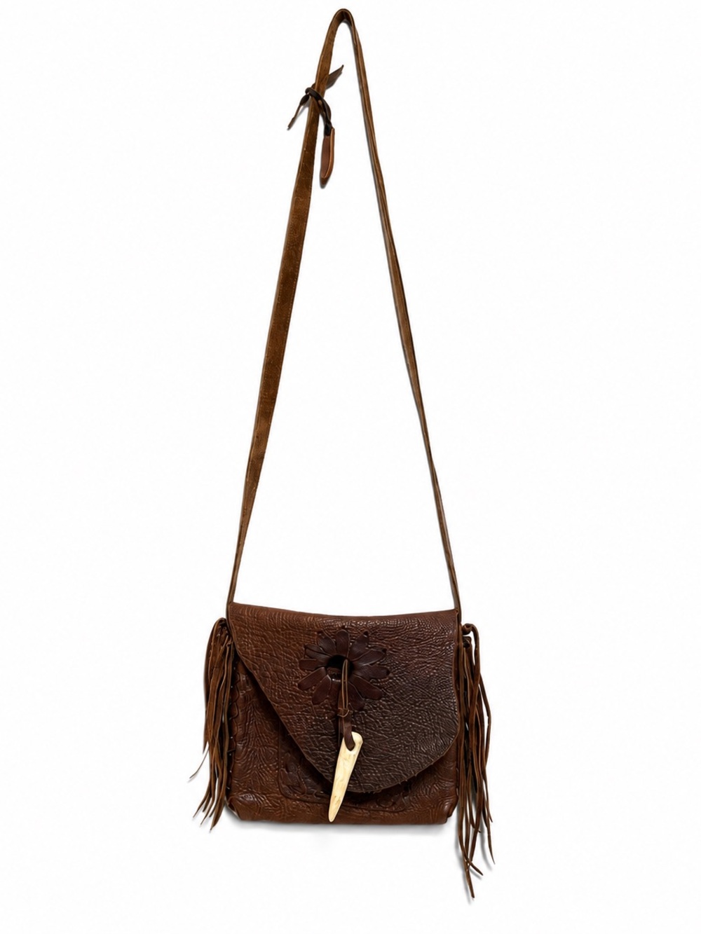 Jimmi Wz Brown Leather Fringe Crossbody Bag Antler Closure